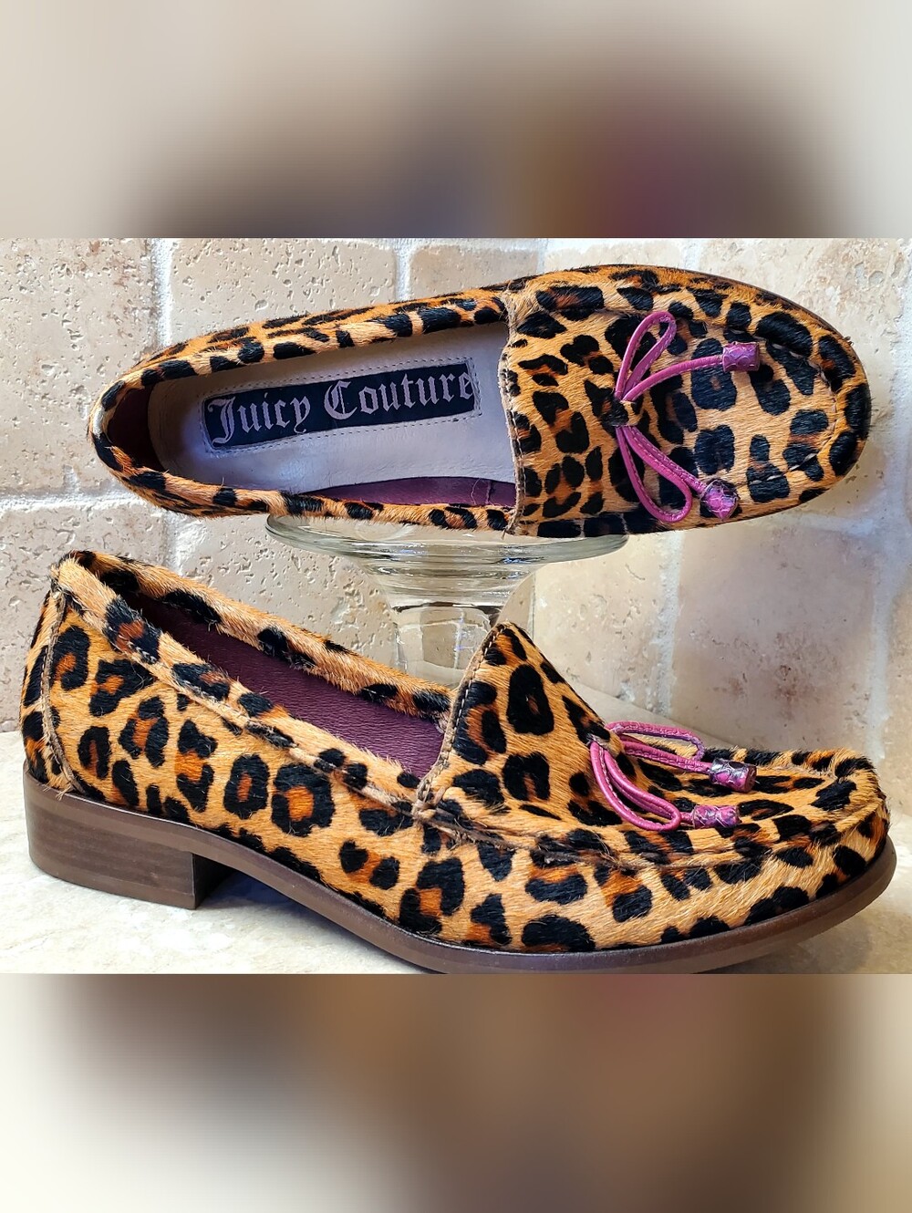 Juicy Couture Yvonne Women's Leopard Print Calf Fur Loafers w/Pink Bow 5.5M NWOT